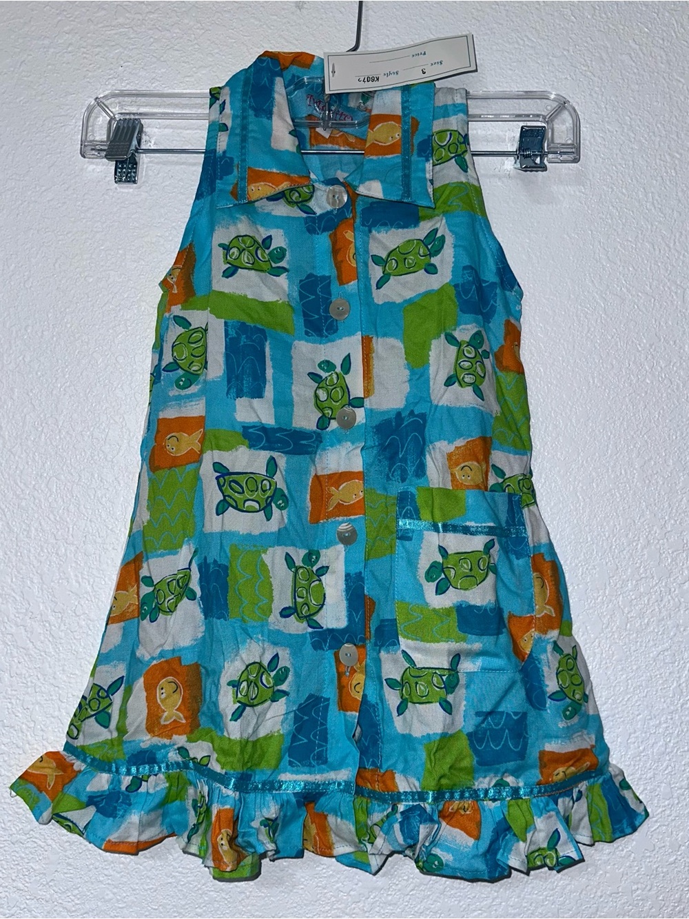 Y2K Mojito Girls Sleeveless A-Line Dress Size 3 Blue Green Fish Ruffle Hem